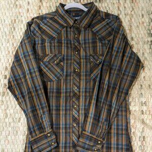 Wrangler Shirt Mens Large Blue Long Sleeve Button Down Strip Western Pearl Snap